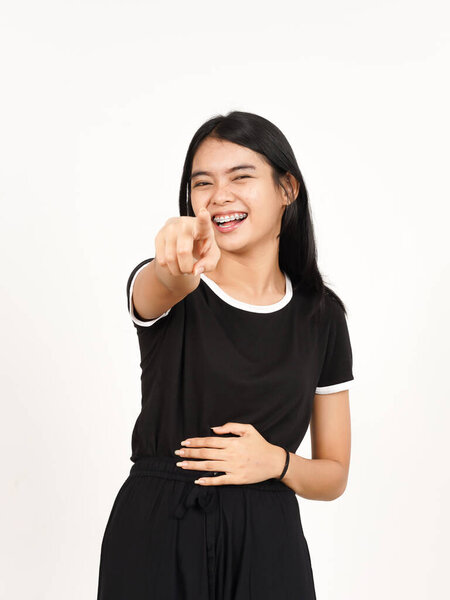 Pointing at you and Laughing Of Beautiful Asian Woman Isolated On White Background