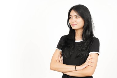 Smile and folding arms side view Of Beautiful Asian Woman Isolated On White Background