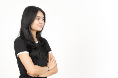Smile and folding arms side view Of Beautiful Asian Woman Isolated On White Background