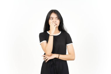 Afraid, nervous and bite nails Of Beautiful Asian Woman Isolated On White Background
