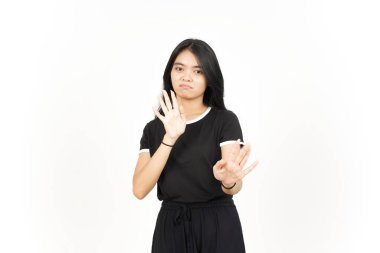 Beyaz arka planda tecrit edilmiş Güzel Asyalı Kadın 'ın Reddedilmesi ya da Durdurulması