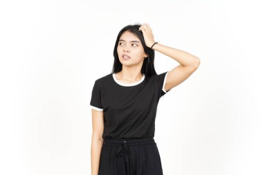 Hand on head and Confused gesture Of Beautiful Asian Woman Isolated On White Background