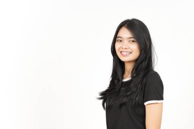 Beyaz arka planda izole edilmiş güzel Asyalı kadının gülümsemesi ve yan görüntüsü