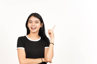 Ürün ve İşaret Tarafı Beyazda Tecrit Edilen Güzel Asyalı Kadın İşaretçisini Kullanıyor