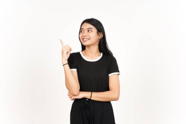 Ürün ve İşaret Tarafı Beyazda Tecrit Edilen Güzel Asyalı Kadın İşaretçisini Kullanıyor