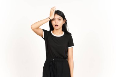 Beyaz arka planda tecrit edilmiş güzel bir Asyalı kadının jestini unut.