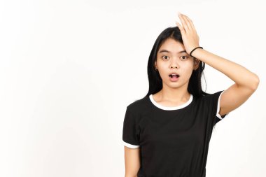 Beyaz arka planda tecrit edilmiş güzel bir Asyalı kadının jestini unut.