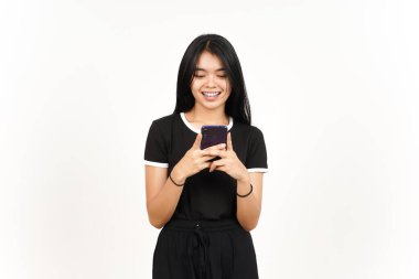 Beyaz arka planda izole edilmiş Güzel Asyalı Kadın 'ı tutmak ya da kullanmak