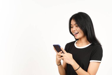 Beyaz arka planda izole edilmiş Güzel Asyalı Kadın 'ı tutmak ya da kullanmak