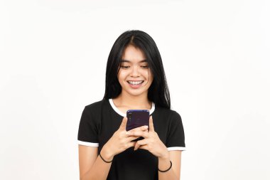 Beyaz arka planda izole edilmiş Güzel Asyalı Kadın 'ı tutmak ya da kullanmak