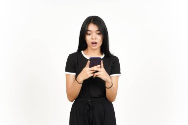 Holding or Using Smartphone with Shocked Face Of Beautiful Asian Woman Isolated On White Background