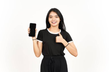 Showing Apps or Ads On Blank Screen Smartphone with thumbs up Of Beautiful Asian Woman Isolated