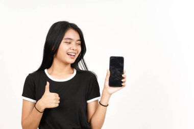 Showing Apps or Ads On Blank Screen Smartphone with thumbs up Of Beautiful Asian Woman Isolated