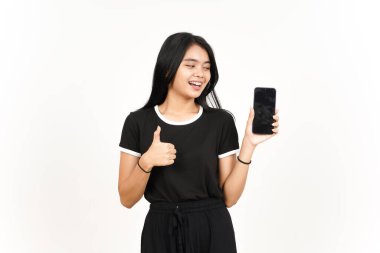 Showing Apps or Ads On Blank Screen Smartphone with thumbs up Of Beautiful Asian Woman Isolated