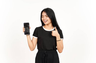Showing Apps or Ads On Blank Screen Smartphone with thumbs up Of Beautiful Asian Woman Isolated