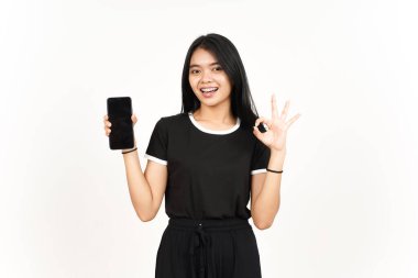 Showing Apps or Ads On Blank Screen Smartphone with OK Sign Of Beautiful Asian Woman Isolated