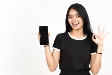 Showing Apps or Ads On Blank Screen Smartphone with OK Sign Of Beautiful Asian Woman Isolated