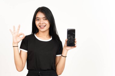 Showing Apps or Ads On Blank Screen Smartphone with OK Sign Of Beautiful Asian Woman Isolated