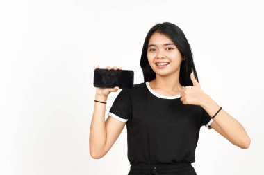 Showing Apps or Ads On Blank Screen Smartphone with thumbs up Of Beautiful Asian Woman Isolated