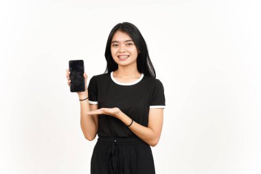 Beyaz Ekran 'da Güzel Asyalı Kadın' ın Gülme ve Gösterme Uygulamaları veya İlanları Beyaz Ekran 'da İzole Edilmiş Güzel Asyalı Kadın