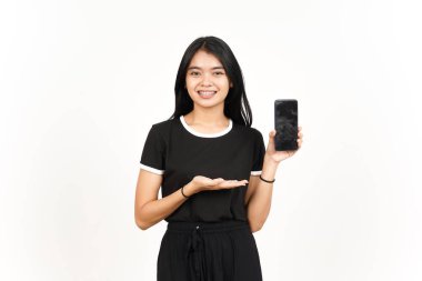 Beyaz Ekran 'da Güzel Asyalı Kadın' ın Gülme ve Gösterme Uygulamaları veya İlanları Beyaz Ekran 'da İzole Edilmiş Güzel Asyalı Kadın