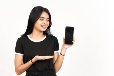 Beyaz Ekran 'da Güzel Asyalı Kadın' ın Gülme ve Gösterme Uygulamaları veya İlanları Beyaz Ekran 'da İzole Edilmiş Güzel Asyalı Kadın