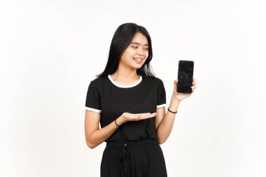 Beyaz Ekran 'da Güzel Asyalı Kadın' ın Gülme ve Gösterme Uygulamaları veya İlanları Beyaz Ekran 'da İzole Edilmiş Güzel Asyalı Kadın