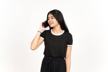 Make a Phone Call Using smartphone with happy face Of Beautiful Asian Woman Isolated On White