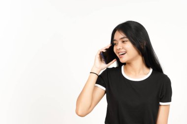 Make a Phone Call Using smartphone with happy face Of Beautiful Asian Woman Isolated On White