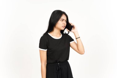 Make a Phone Call Using smartphone with angry face Of Beautiful Asian Woman Isolated On White