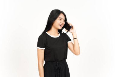 Make a Phone Call Using smartphone with happy face Of Beautiful Asian Woman Isolated On White