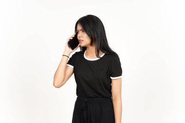 Make a Phone Call Using smartphone with angry face Of Beautiful Asian Woman Isolated On White