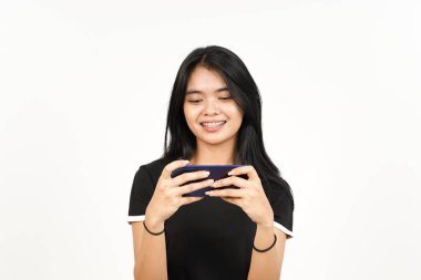 Smiling and Playing Mobile Game on Smartphone Of Beautiful Asian Woman Isolated On White Background