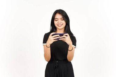 Smiling and Playing Mobile Game on Smartphone Of Beautiful Asian Woman Isolated On White Background