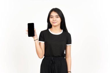 Smile and Showing Apps or Ads On Blank Screen Smartphone Of Beautiful Asian Woman Isolated On