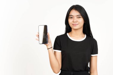 Smile and Showing Apps or Ads On Blank Screen Smartphone Of Beautiful Asian Woman Isolated On