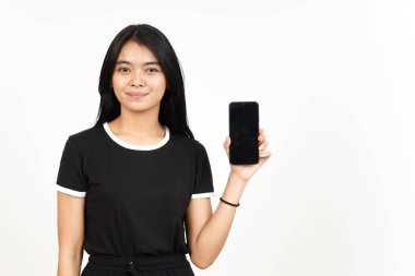 Smile and Showing Apps or Ads On Blank Screen Smartphone Of Beautiful Asian Woman Isolated On