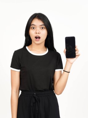 Showing blank smartphone screen with shocked face Of Beautiful Asian Woman Isolated On White