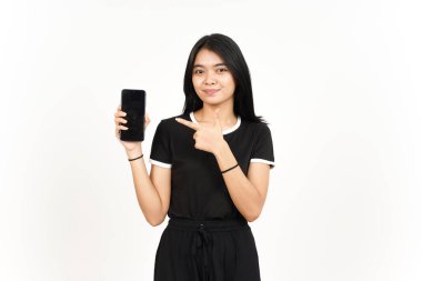 Beyaz Ekran 'da Güzel Asyalı Kadın' ın Gülme ve Gösterme Uygulamaları veya İlanları Beyaz Ekran 'da İzole Edilmiş Güzel Asyalı Kadın