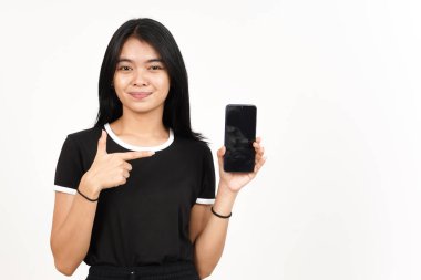 Beyaz Ekran 'da Güzel Asyalı Kadın' ın Gülme ve Gösterme Uygulamaları veya İlanları Beyaz Ekran 'da İzole Edilmiş Güzel Asyalı Kadın