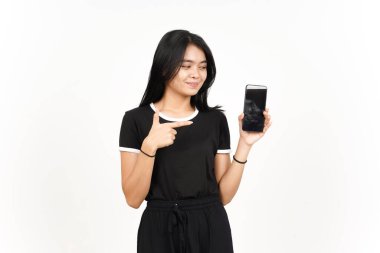 Beyaz Ekran 'da Güzel Asyalı Kadın' ın Gülme ve Gösterme Uygulamaları veya İlanları Beyaz Ekran 'da İzole Edilmiş Güzel Asyalı Kadın