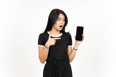 Showing blank smartphone screen with shocked face Of Beautiful Asian Woman Isolated On White