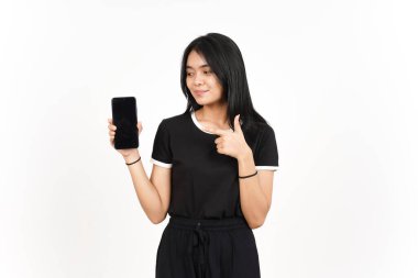 Showing blank smartphone screen with shocked face Of Beautiful Asian Woman Isolated On White