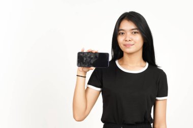 Beyaz Ekran 'da Güzel Asyalı Kadın' ın Gülme ve Gösterme Uygulamaları veya İlanları Beyaz Ekran 'da İzole Edilmiş Güzel Asyalı Kadın