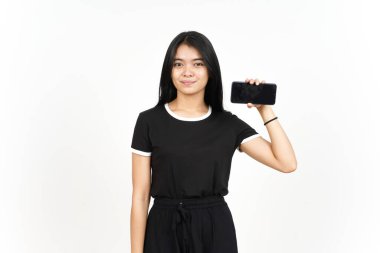 Beyaz Ekran 'da Güzel Asyalı Kadın' ın Gülme ve Gösterme Uygulamaları veya İlanları Beyaz Ekran 'da İzole Edilmiş Güzel Asyalı Kadın