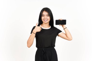 Beyaz Ekran 'da Güzel Asyalı Kadın' ın Gülme ve Gösterme Uygulamaları veya İlanları Beyaz Ekran 'da İzole Edilmiş Güzel Asyalı Kadın