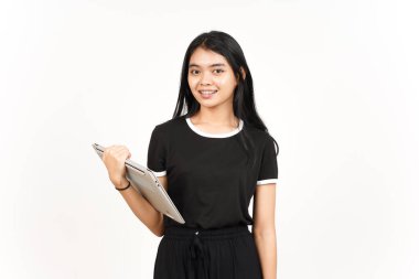 Smiling looking at camera and holding laptop Of Beautiful Asian Woman Isolated On White Background