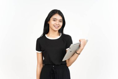 Smiling looking at camera and holding laptop Of Beautiful Asian Woman Isolated On White Background
