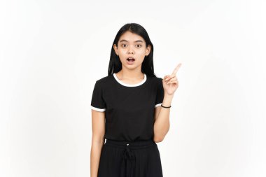 Ürün ve İşaret Tarafı Beyazda Tecrit Edilen Güzel Asyalı Kadın İşaretçisini Kullanıyor