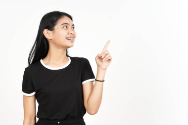 Ürün ve İşaret Tarafı Beyazda Tecrit Edilen Güzel Asyalı Kadın İşaretçisini Kullanıyor